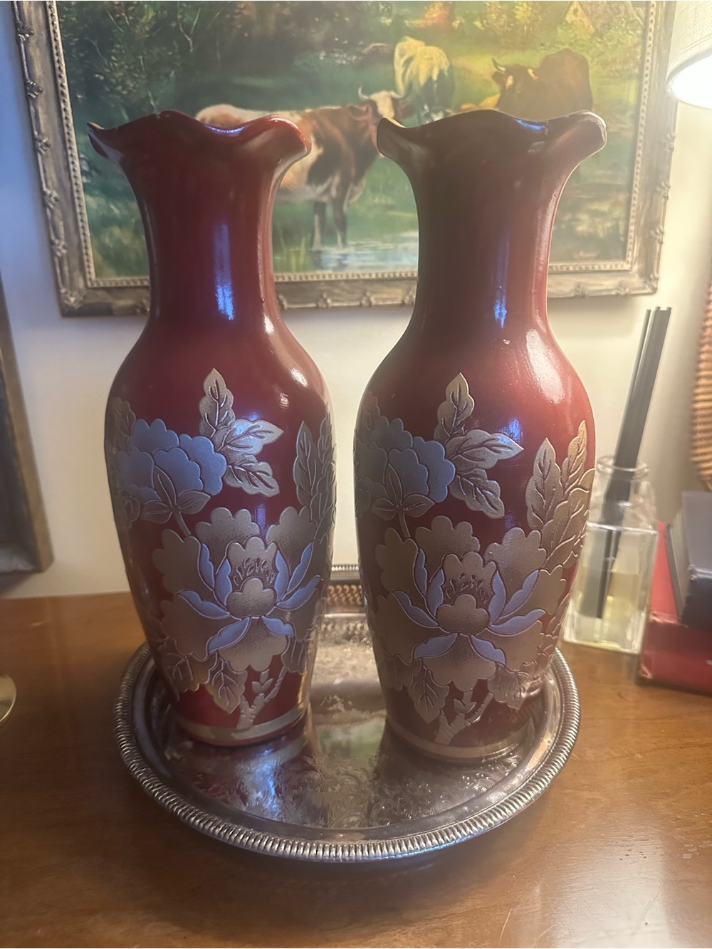 Vintage Set of 2 Chinoiserie Red Vases